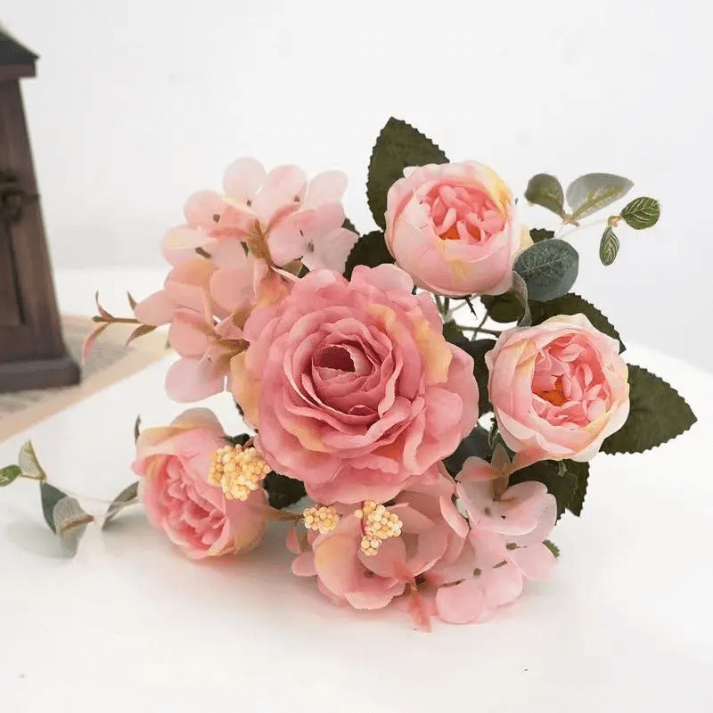 Vintage Silk Rose Bouquet Hydrangea Peony Artificial Flowers - Wedding Home Decoration - Home Fads