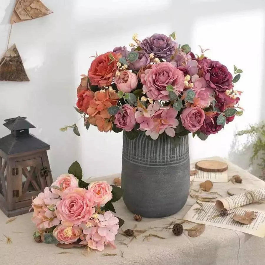 Vintage Silk Rose Bouquet Hydrangea Peony Artificial Flowers - Wedding Home Decoration - Home Fads