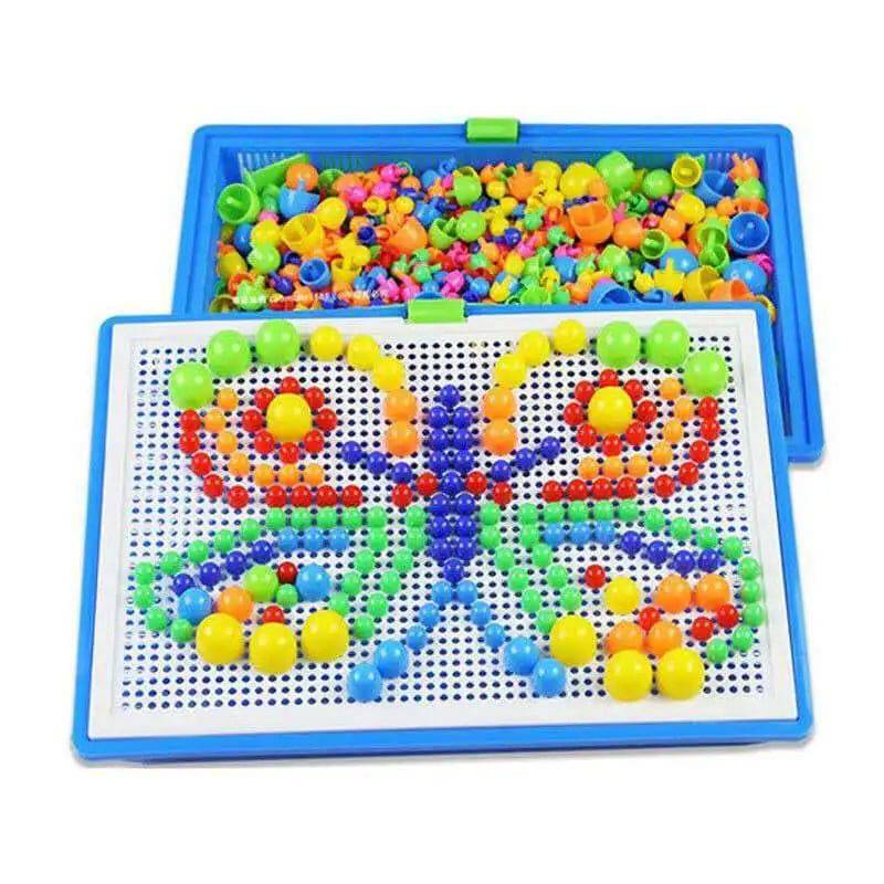 Box-Packed 3D Mosaic Puzzle Board Game with 296 Mushroom Nail Beads - Educational Toy for Kids - Home Fads