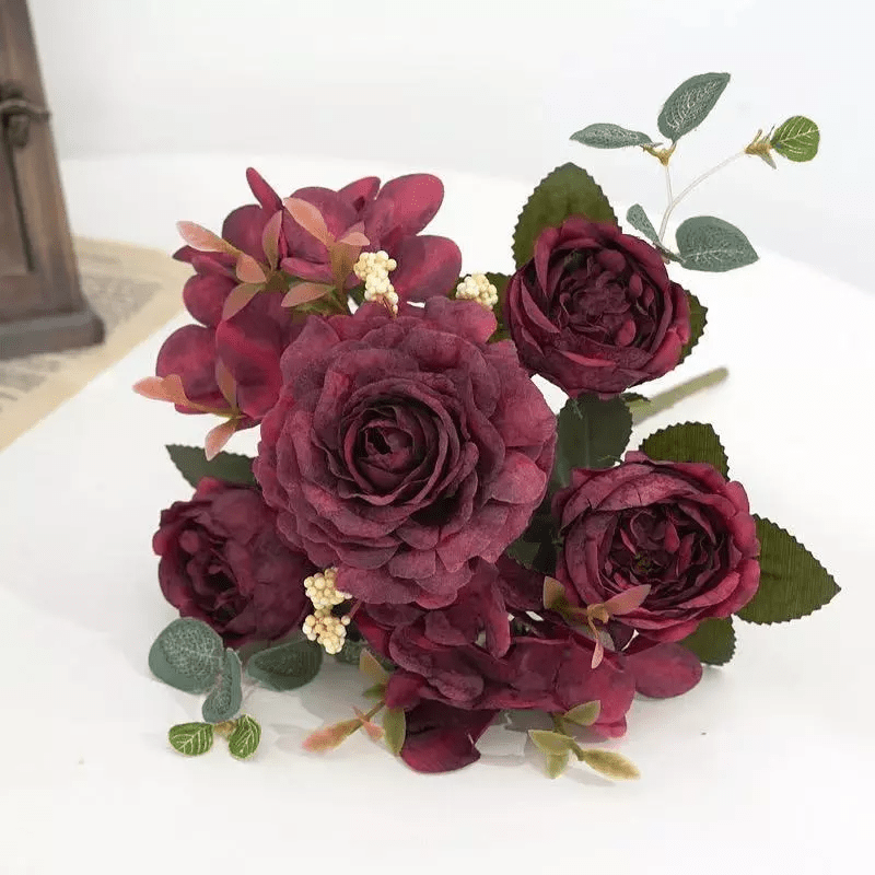 Vintage Silk Rose Bouquet Hydrangea Peony Artificial Flowers - Wedding Home Decoration - Home Fads