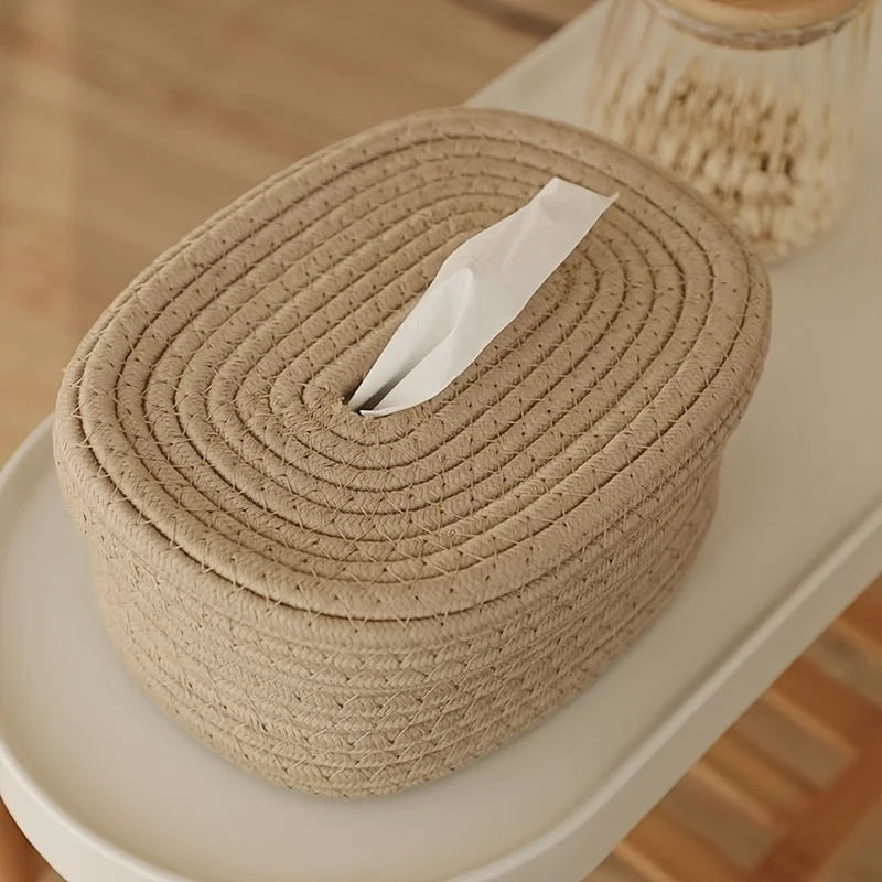Hand-Woven Fabric Tissue Box Holder – Washable Cloth Tissue Cover for Napkins, Facial Tissues, and Home Storage - Home Fads