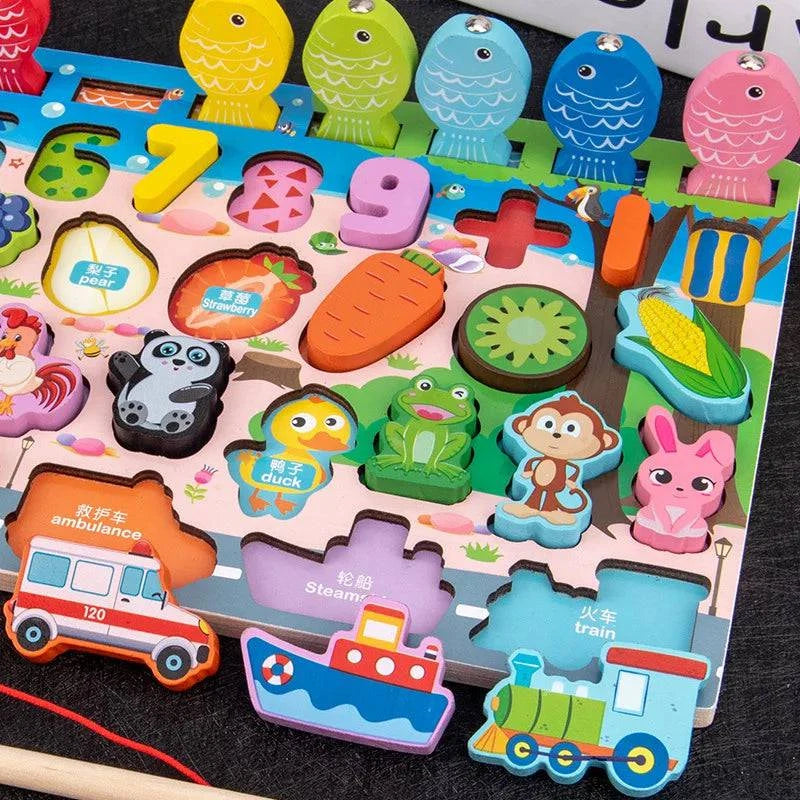 Montessori Wooden Puzzle Board | 6 Unique Designs | Counting, Shape & Color Matching, Fishing Game | Perfect Gift for Kids - Home Fads