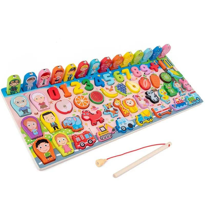 Montessori Wooden Puzzle Board | 6 Unique Designs | Counting, Shape & Color Matching, Fishing Game | Perfect Gift for Kids - Home Fads