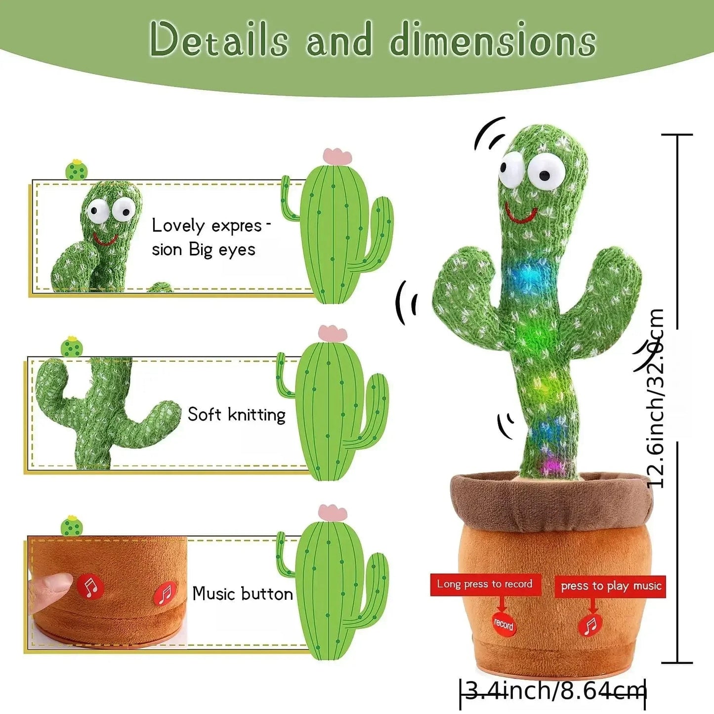 Interactive Dancing Cactus Plush Toy - Mimics Sound, Talks, Sings, and Dances - USB Recording - Early Education Gift for Kids - 7 Unique Designs - Home Fads