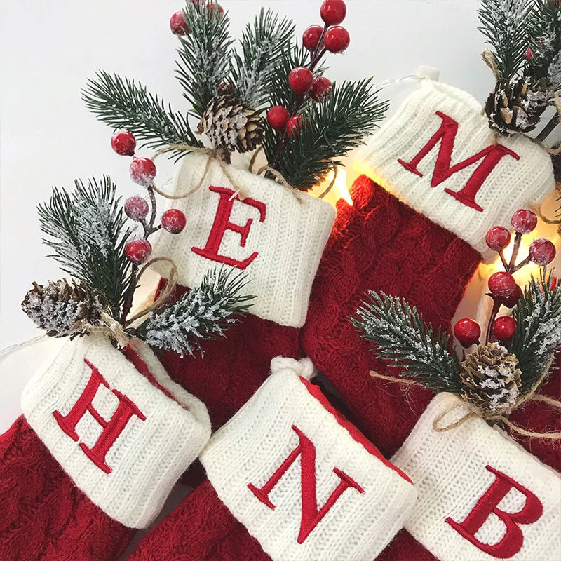 Knitted Holiday Stocking with Snowflake, Alphabet, Bear Paw, and Footprint Designs – Decorative Stocking for Tree or Home - Home Fads