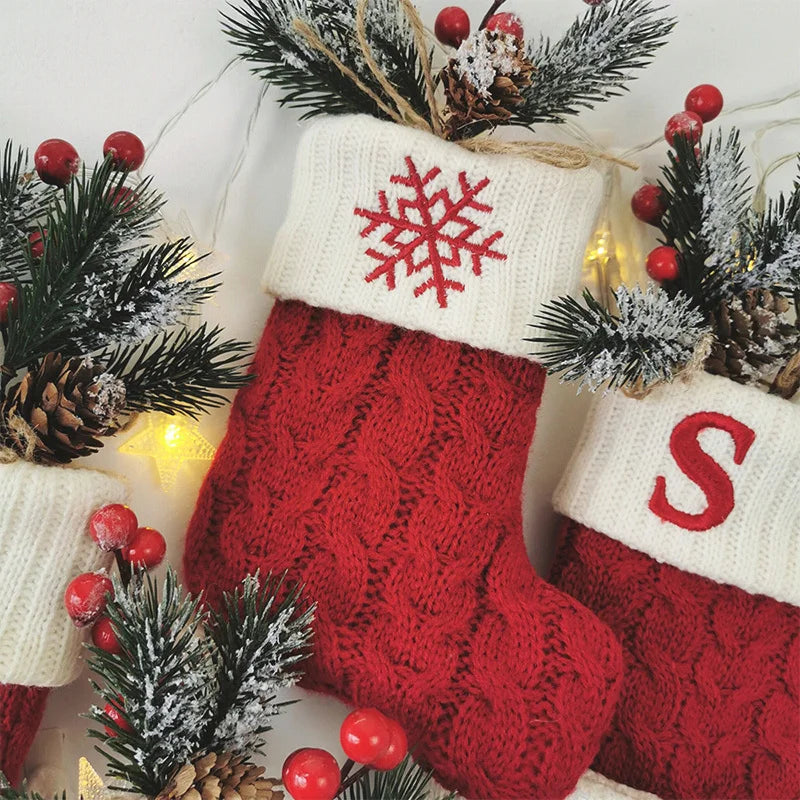 Knitted Holiday Stocking with Snowflake, Alphabet, Bear Paw, and Footprint Designs – Decorative Stocking for Tree or Home - Home Fads
