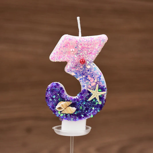 Mermaid-Themed Number Cake Candle (0-9) with Drip Saucer – Pink and Purple Topper for Girls’ Birthday Party, Under-the-Sea Cake Decoration - Home Fads
