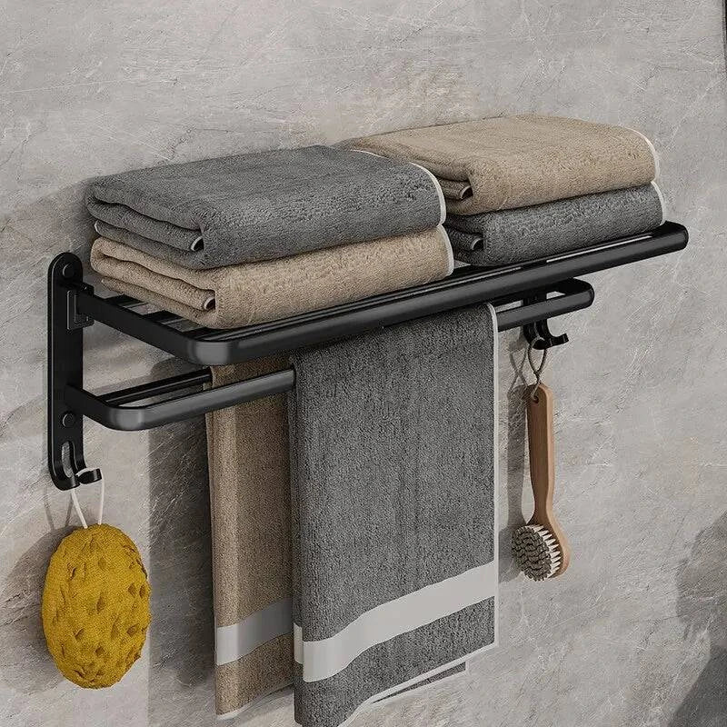 Modern Wall-Mounted Foldable Matte Black Aluminum Towel Rack with Dual Bars and Hook - Ideal for bathrooms, kitchens, and balconies - 50cm - Home Fads