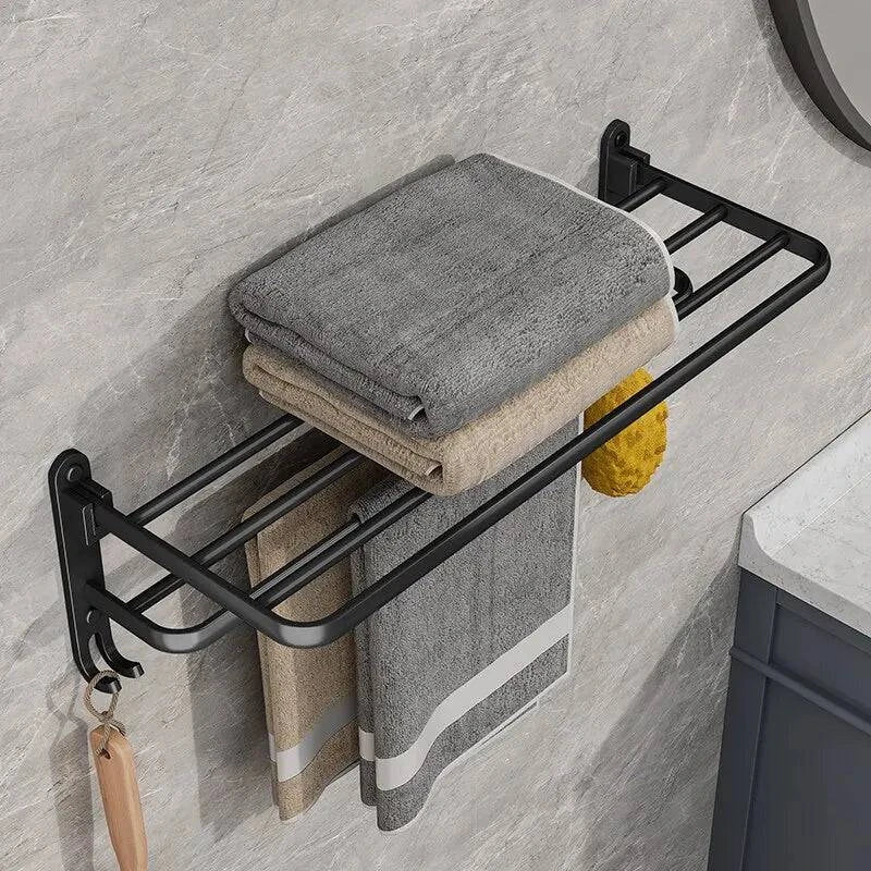 Modern Wall-Mounted Foldable Matte Black Aluminum Towel Rack with Dual Bars and Hook - Ideal for bathrooms, kitchens, and balconies - 50cm - Home Fads