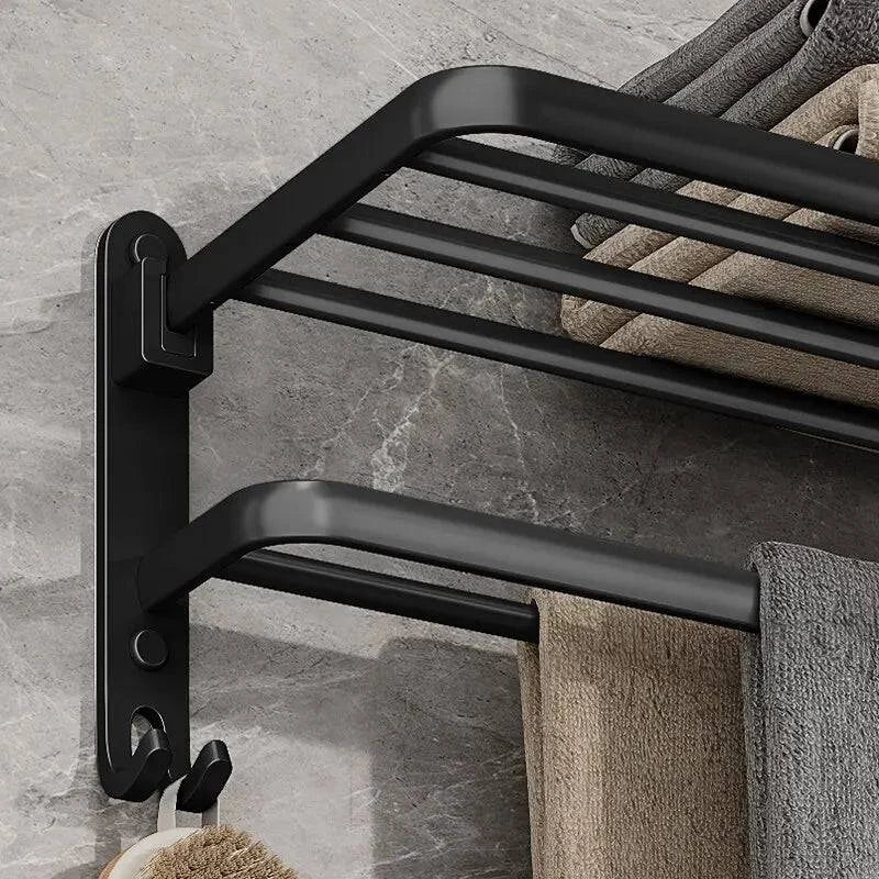 Modern Wall-Mounted Foldable Matte Black Aluminum Towel Rack with Dual Bars and Hook - Ideal for bathrooms, kitchens, and balconies - 50cm - Home Fads