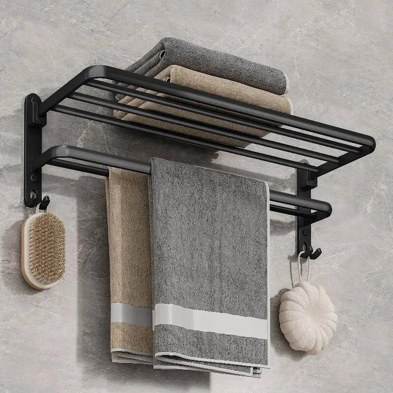 Modern Wall-Mounted Foldable Matte Black Aluminum Towel Rack with Dual Bars and Hook - Ideal for bathrooms, kitchens, and balconies - 50cm - Home Fads