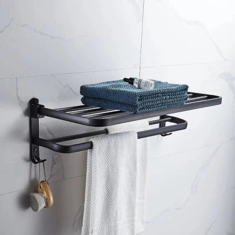 Modern Wall-Mounted Foldable Matte Black Aluminum Towel Rack with Dual Bars and Hook - Ideal for bathrooms, kitchens, and balconies - 50cm - Home Fads