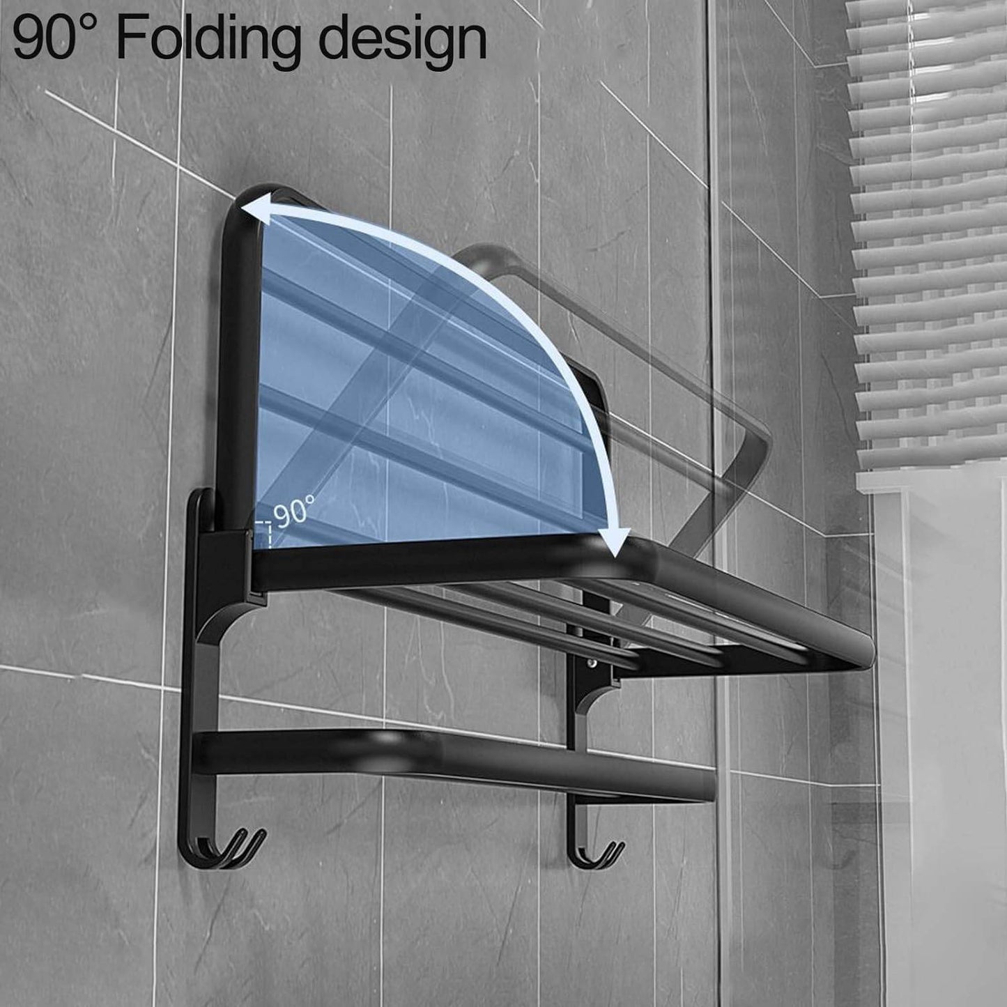 Modern Wall-Mounted Foldable Matte Black Aluminum Towel Rack with Dual Bars and Hook - Ideal for bathrooms, kitchens, and balconies - 50cm - Home Fads