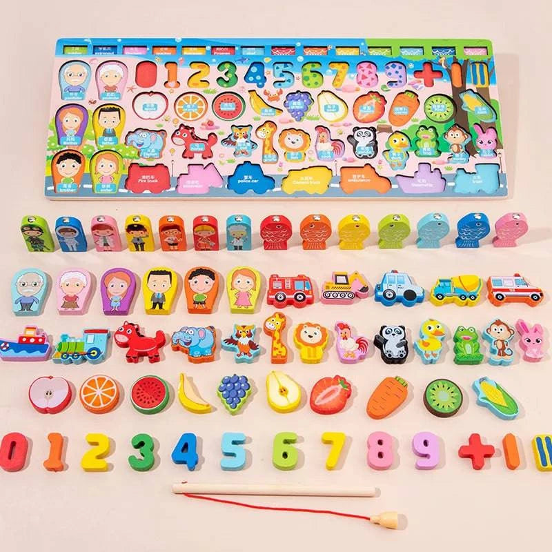 Montessori Wooden Puzzle Board | 6 Unique Designs | Counting, Shape & Color Matching, Fishing Game | Perfect Gift for Kids - Home Fads