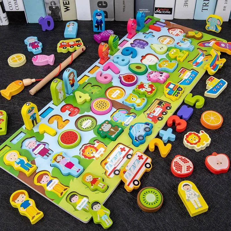 Montessori Wooden Puzzle Board | 6 Unique Designs | Counting, Shape & Color Matching, Fishing Game | Perfect Gift for Kids - Home Fads