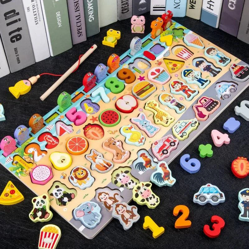 Montessori Wooden Puzzle Board | 6 Unique Designs | Counting, Shape & Color Matching, Fishing Game | Perfect Gift for Kids - Home Fads