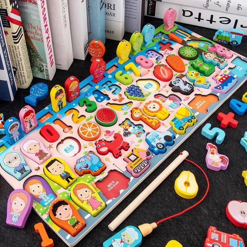 Montessori Wooden Puzzle Board | 6 Unique Designs | Counting, Shape & Color Matching, Fishing Game | Perfect Gift for Kids - Home Fads