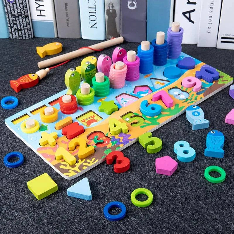 Montessori Wooden Puzzle Board | 6 Unique Designs | Counting, Shape & Color Matching, Fishing Game | Perfect Gift for Kids - Home Fads