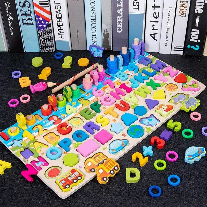 Montessori Wooden Puzzle Board | 6 Unique Designs | Counting, Shape & Color Matching, Fishing Game | Perfect Gift for Kids - Home Fads