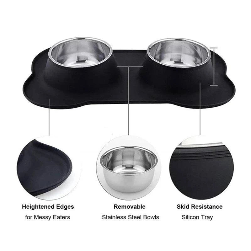 Non-Slip Double Dog Bowl with Silicone Mat - Stainless Steel Pet Feeding and Drinking Station - Home Fads