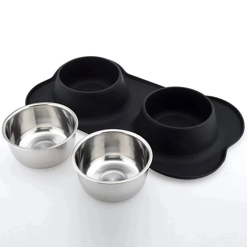 Non-Slip Double Dog Bowl with Silicone Mat - Stainless Steel Pet Feeding and Drinking Station - Home Fads