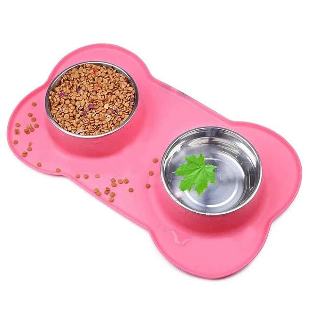 Non-Slip Double Dog Bowl with Silicone Mat - Stainless Steel Pet Feeding and Drinking Station - Home Fads