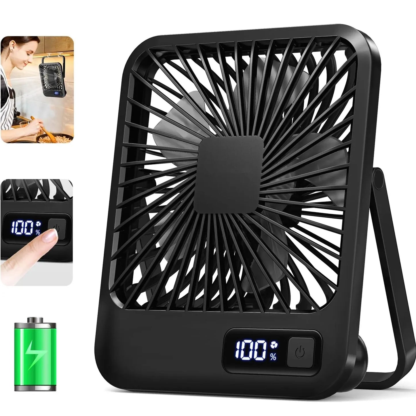 Portable USB-C Desk Fan – Rechargeable, 180° Adjustable, 5-Speed Quiet Cooling with Battery Indicator, Hangable Design - Home Fads