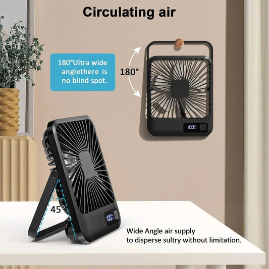 Portable USB-C Desk Fan – Rechargeable, 180° Adjustable, 5-Speed Quiet Cooling with Battery Indicator, Hangable Design - Home Fads