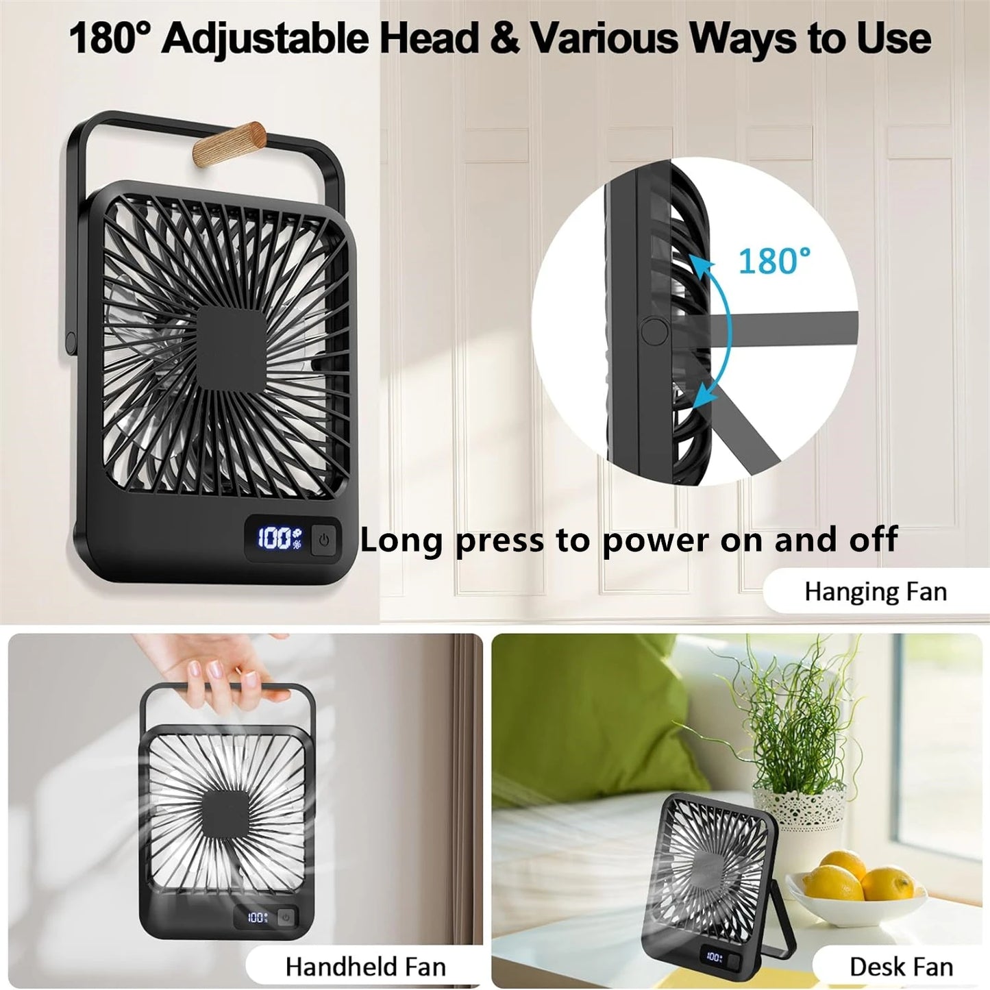 Portable USB-C Desk Fan – Rechargeable, 180° Adjustable, 5-Speed Quiet Cooling with Battery Indicator, Hangable Design - Home Fads
