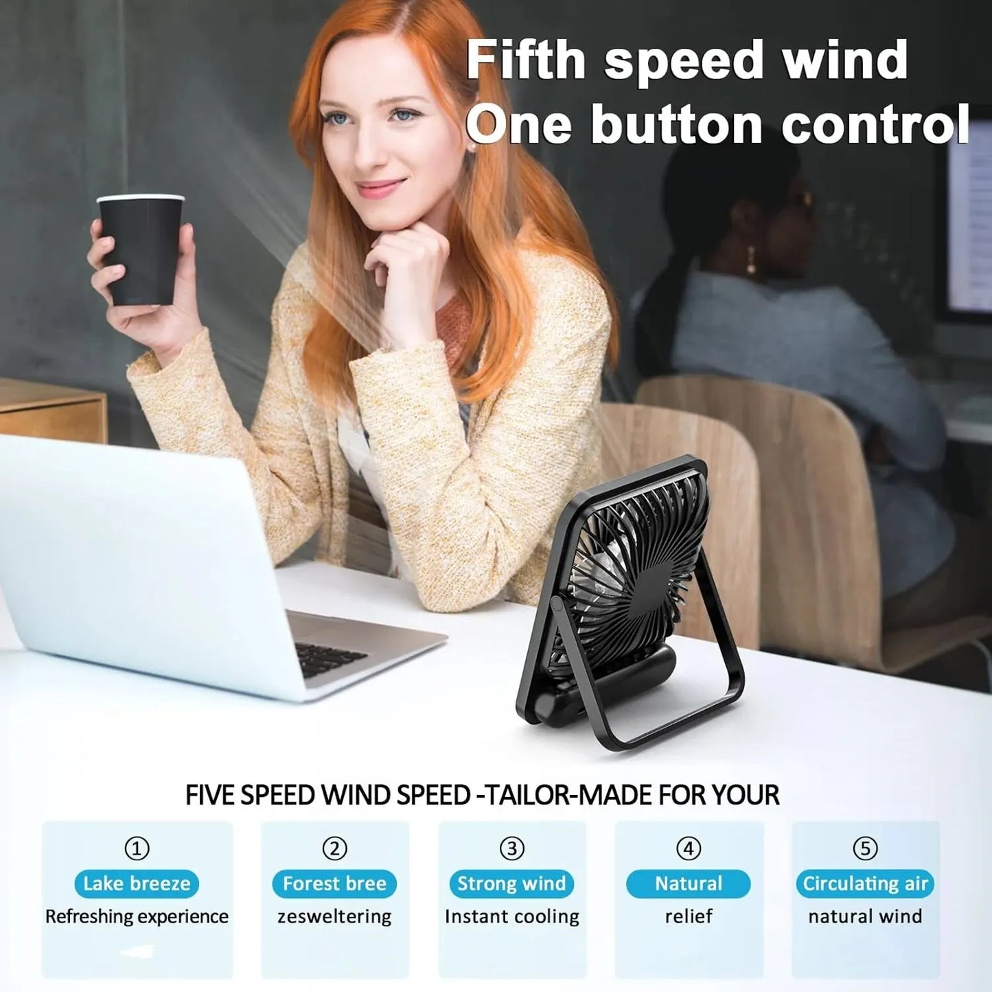 Portable USB-C Desk Fan – Rechargeable, 180° Adjustable, 5-Speed Quiet Cooling with Battery Indicator, Hangable Design - Home Fads