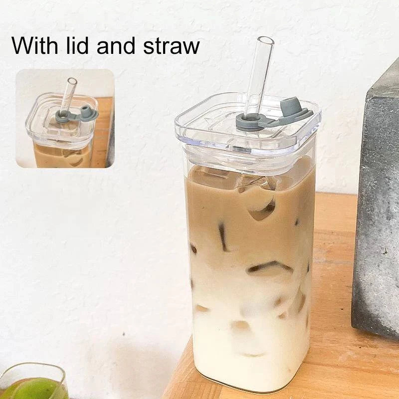 Premium Square Glass Coffee Cup with Heat-Resistant Design, Lid, Straw - Four Elegant Designs - Home Fads