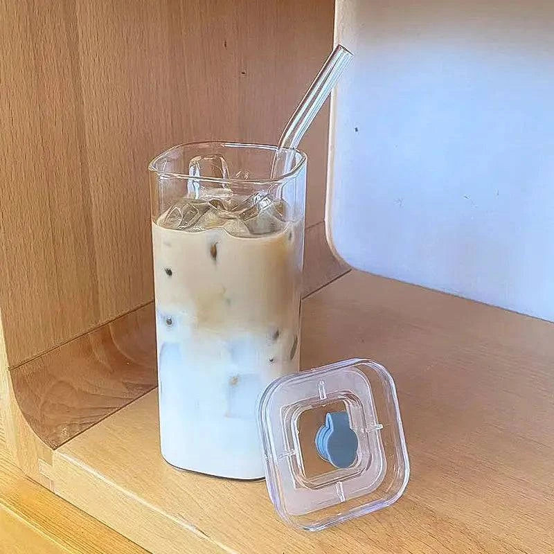 Premium Square Glass Coffee Cup with Heat-Resistant Design, Lid, Straw - Four Elegant Designs - Home Fads