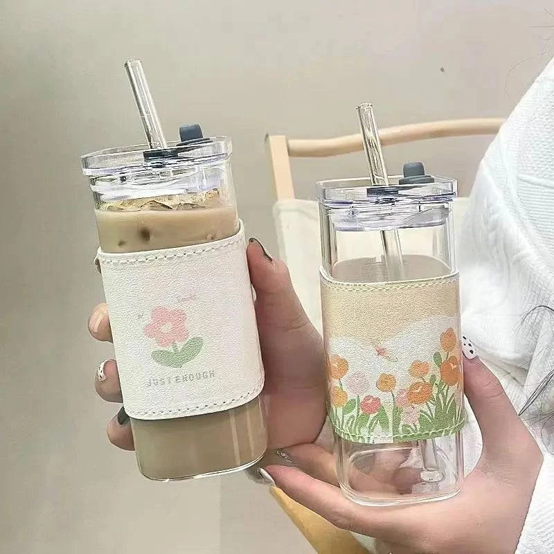 Premium Square Glass Coffee Cup with Heat-Resistant Design, Lid, Straw - Four Elegant Designs - Home Fads