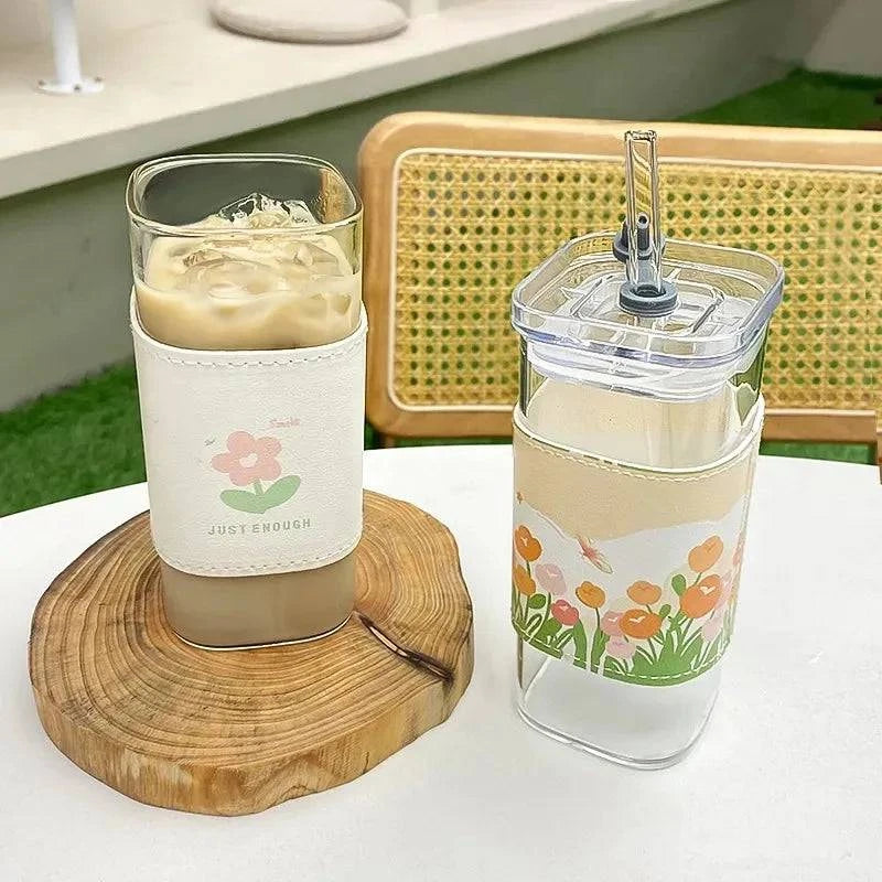 Premium Square Glass Coffee Cup with Heat-Resistant Design, Lid, Straw - Four Elegant Designs - Home Fads