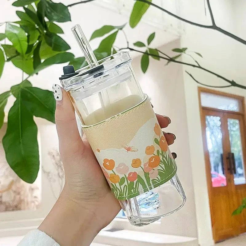 Premium Square Glass Coffee Cup with Heat-Resistant Design, Lid, Straw - Four Elegant Designs - Home Fads