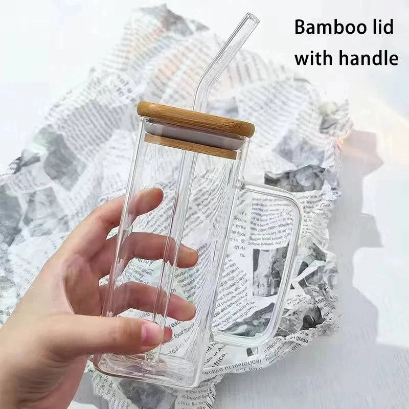 Premium Square Glass Coffee Cup with Heat-Resistant Design, Lid, Straw - Four Elegant Designs - Home Fads