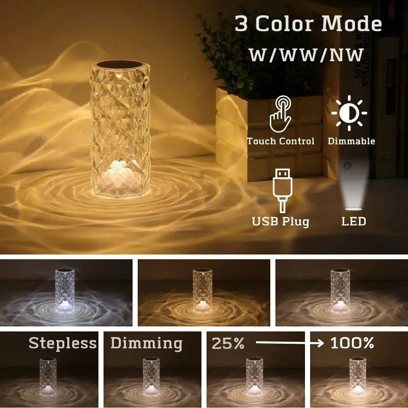 Rose Crystal Table Lamp - 3-Color and 16-Color Touch/Remote Dimmable Night Light for Bedroom and Living Room - Home Fads