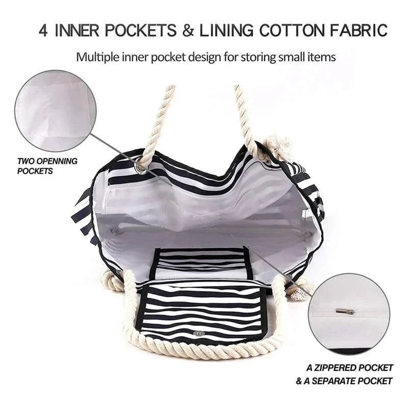Elegant Striped Canvas Tote for Women - Spacious and Versatile Shoulder Bag for Shopping, Travel, School, and Beach - Home Fads