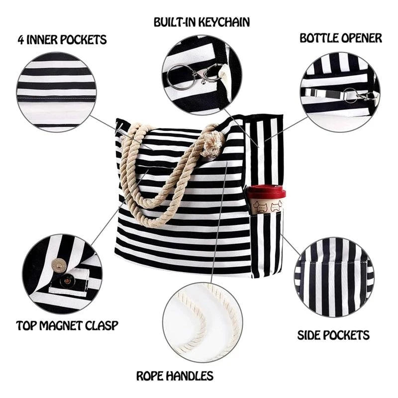 Elegant Striped Canvas Tote for Women - Spacious and Versatile Shoulder Bag for Shopping, Travel, School, and Beach - Home Fads