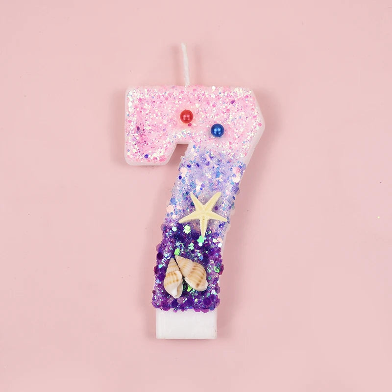 Mermaid-Themed Number Cake Candle (0-9) with Drip Saucer – Pink and Purple Topper for Girls’ Birthday Party, Under-the-Sea Cake Decoration