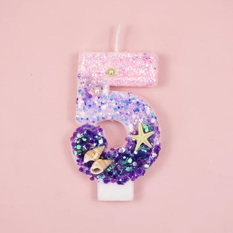 Mermaid-Themed Number Cake Candle (0-9) with Drip Saucer – Pink and Purple Topper for Girls’ Birthday Party, Under-the-Sea Cake Decoration