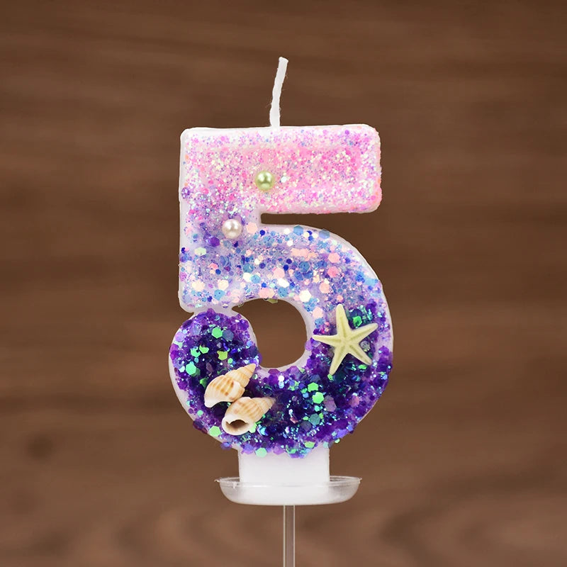 Mermaid-Themed Number Cake Candle (0-9) with Drip Saucer – Pink and Purple Topper for Girls’ Birthday Party, Under-the-Sea Cake Decoration