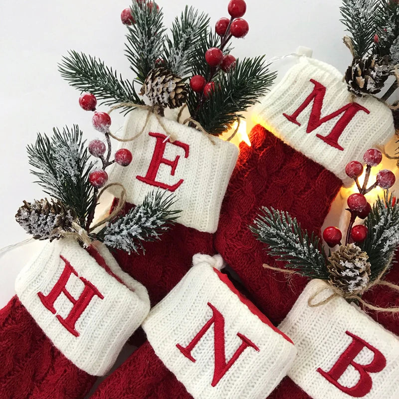 Knitted Holiday Stocking with Snowflake, Alphabet, Bear Paw, and Footprint Designs – Decorative Stocking for Tree or Home
