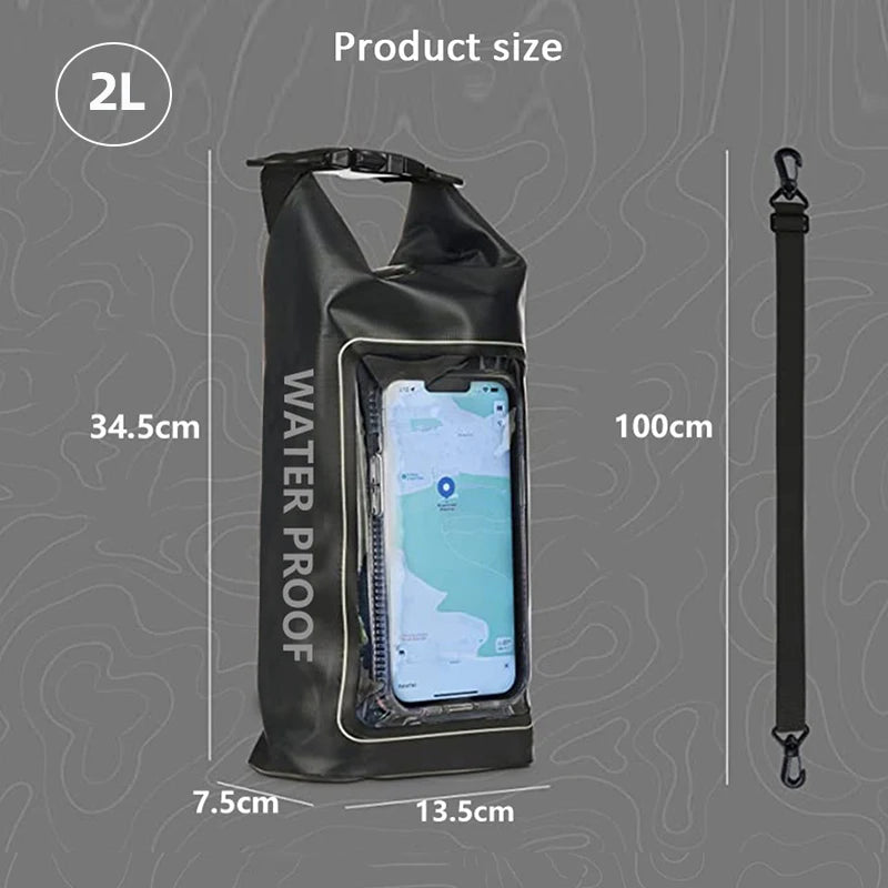Sac étanche 2L avec fenêtre à écran tactile pour la randonnée, le rafting, le surf, le kayak et les sports de plein air