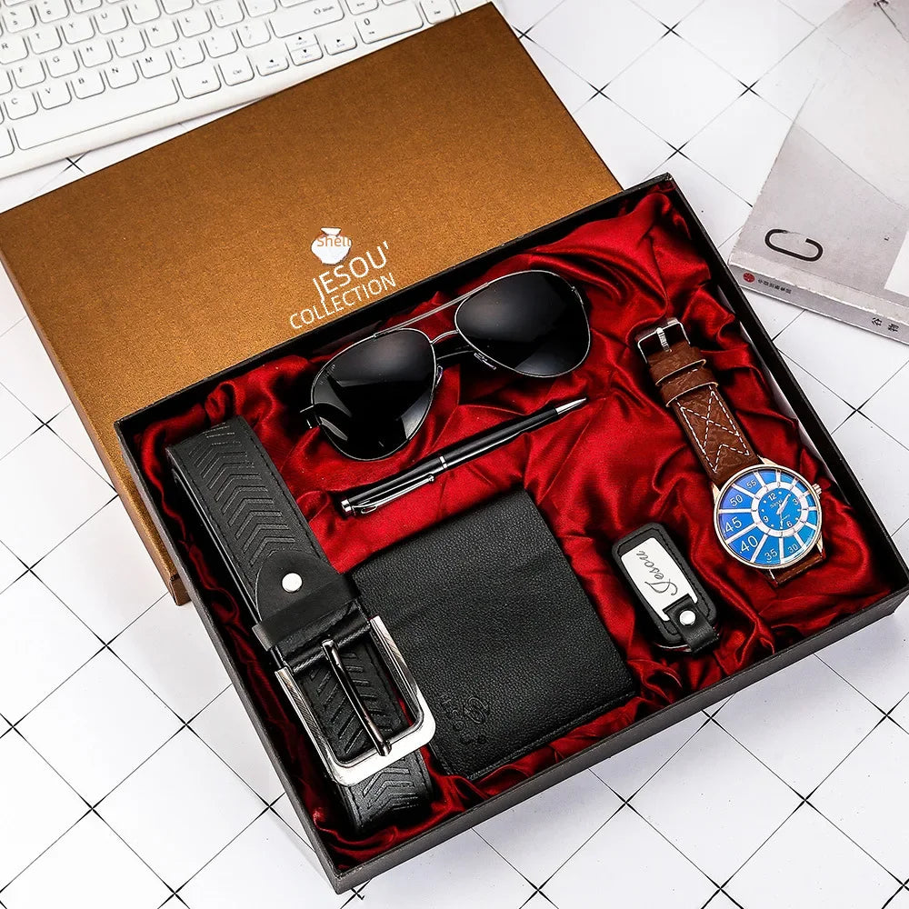 Juego de regalo empresarial de lujo para hombres: reloj, gafas, bolígrafo, llavero, cinturón y billetera 6 en 1: regalo ideal para el Día del Padre, cumpleaños y Navidad