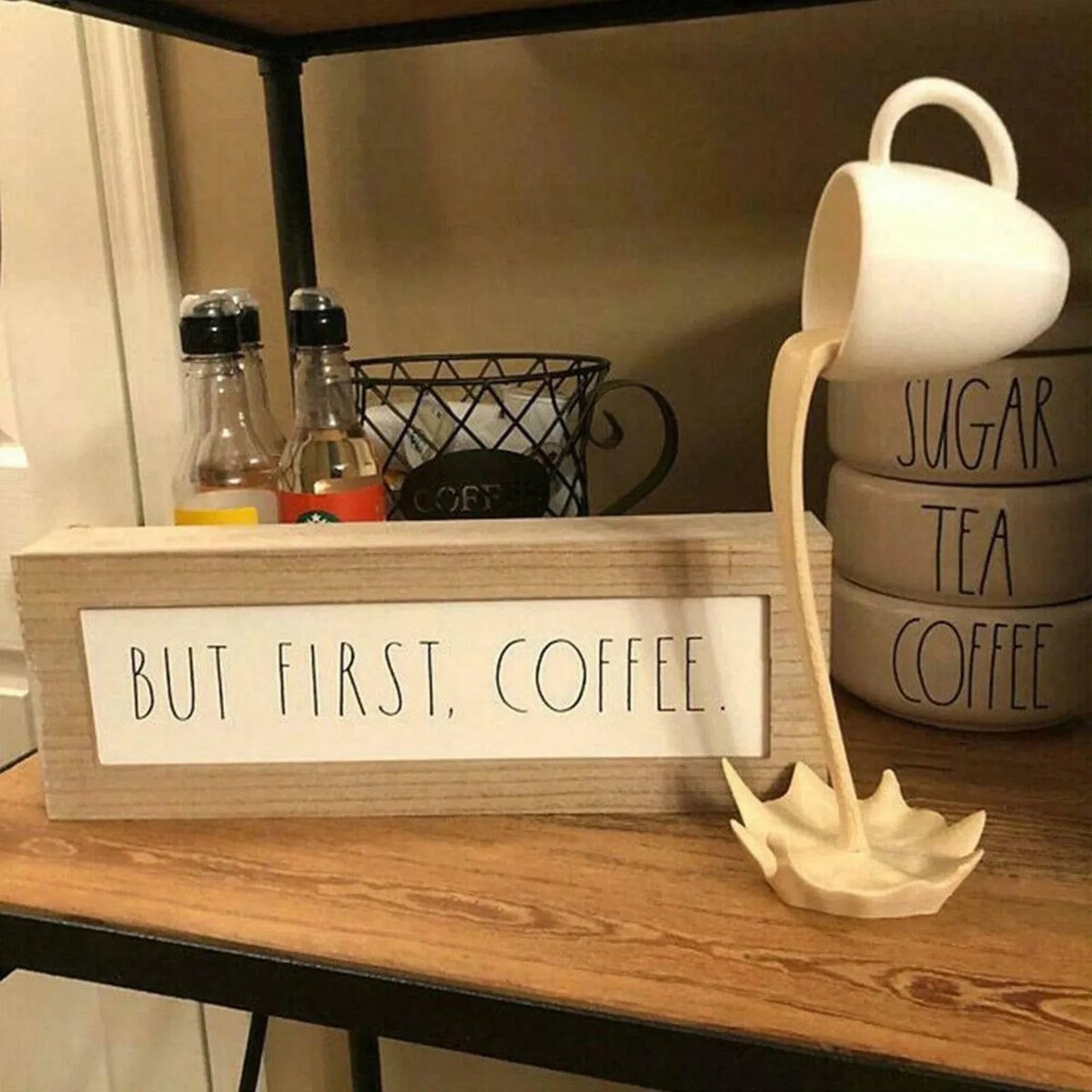 Contemporary Floating Coffee Cup Sculpture: Unique Kitchen Decor with Pouring Splash - Creative Desktop Accent - Home Fads