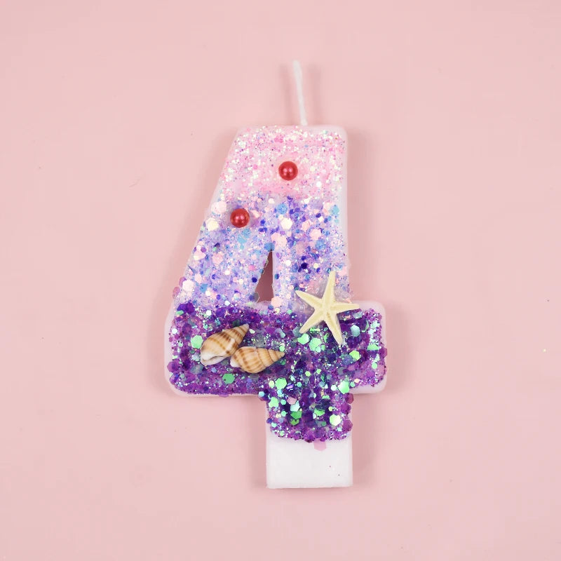 Mermaid-Themed Number Cake Candle (0-9) with Drip Saucer – Pink and Purple Topper for Girls’ Birthday Party, Under-the-Sea Cake Decoration