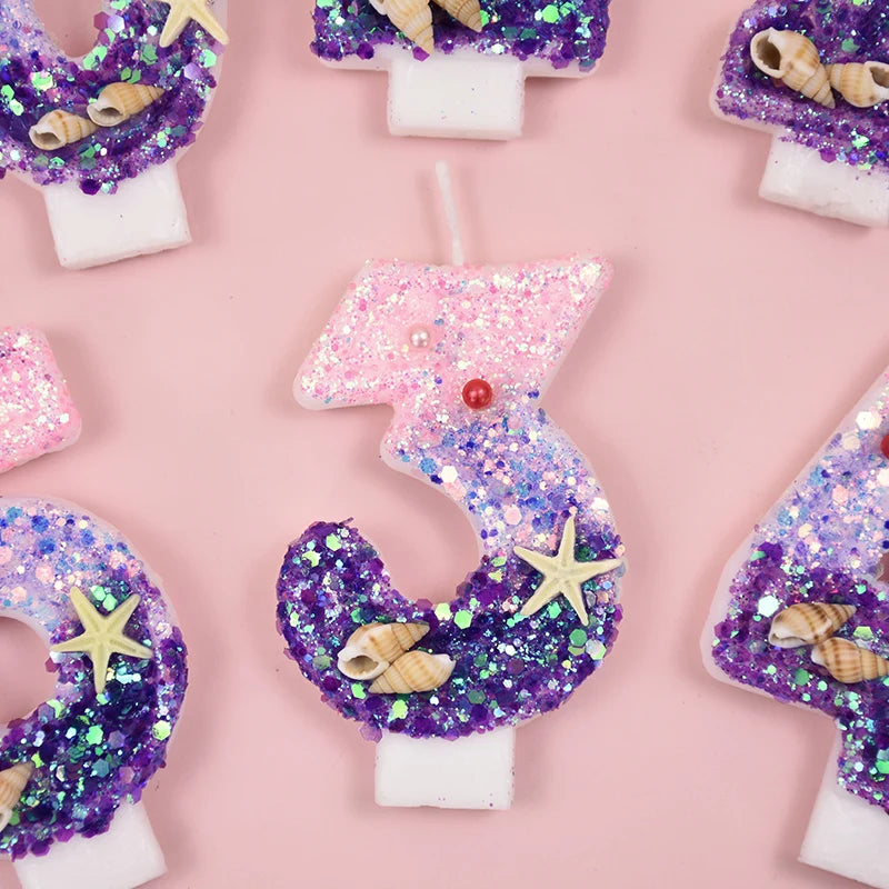 Mermaid-Themed Number Cake Candle (0-9) with Drip Saucer – Pink and Purple Topper for Girls’ Birthday Party, Under-the-Sea Cake Decoration
