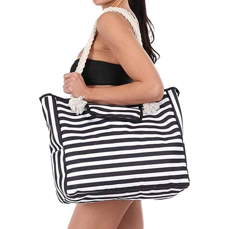 Elegant Striped Canvas Tote for Women - Spacious and Versatile Shoulder Bag for Shopping, Travel, School, and Beach - Home Fads