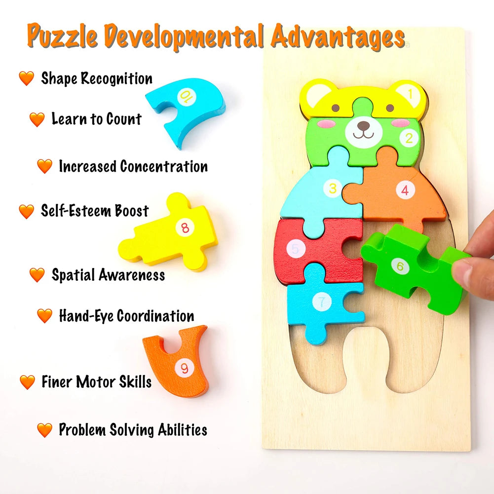 Rompecabezas de animales de madera en 3D educativos: juguetes de desarrollo cognitivo para niños pequeños y bebés: juego de rompecabezas de aprendizaje divertido y atractivo para niños